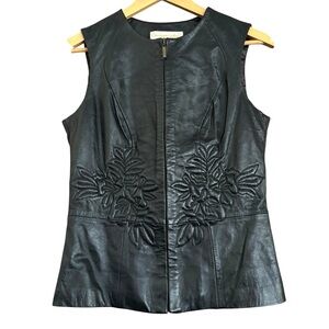 Vintage Margaret Godfrey Floral Embossed Soft Black Leather Zip Up Vest Sz S